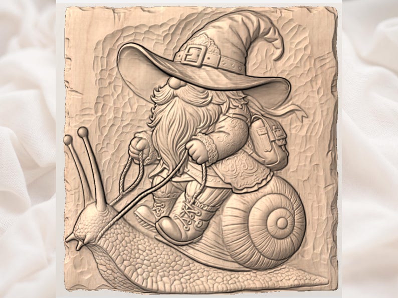 May include: A carved wooden relief shows a gnome riding a snail. The gnome wears a pointed hat, a backpack, and holds reins. The snail has detailed shell and antennae. The artwork is in shades of brown and beige, with a textured background.