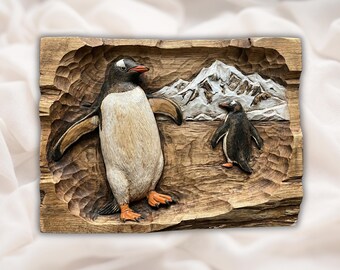 A Lonely Penguin Toward the Mountains 3D Relief STL | CNC Router Wood Carving File | Antarctica Winter Wall Art Panel