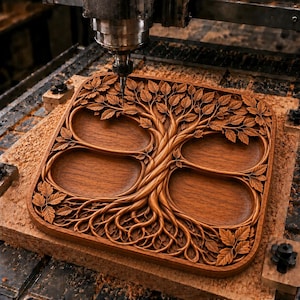 May include: A square wooden serving tray featuring a detailed relief carving of a tree with spreading branches and roots. The design incorporates four smooth, recessed oval compartments separated by the carved trunk and root system.