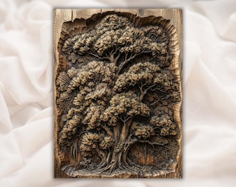 May include: A detailed, hand-carved wooden relief depicting a large tree with a full canopy of leaves. The artwork is in shades of brown and tan, with intricate details in the bark and foliage. The piece is mounted on a rectangular wooden panel.