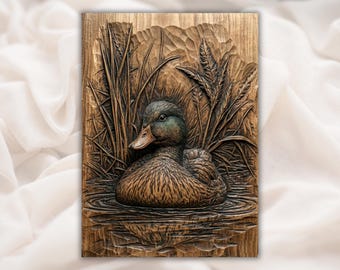 Mallard Duck 3D Relief STL File | Wildlife Pond Scene Wood Grain CNC Carving | Rustic Cabin Wall Art | 3D Print & Laser Engraving