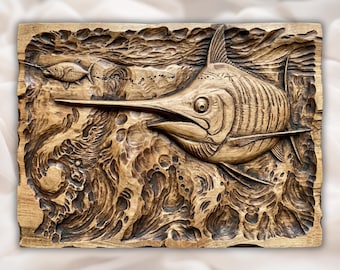 Marlin Swordfish Relief STL | CNC Router 3D Carving Model | Big Game Fish Ocean Wave Wood Grain Bas Relief Panel | Fishing Wall Art