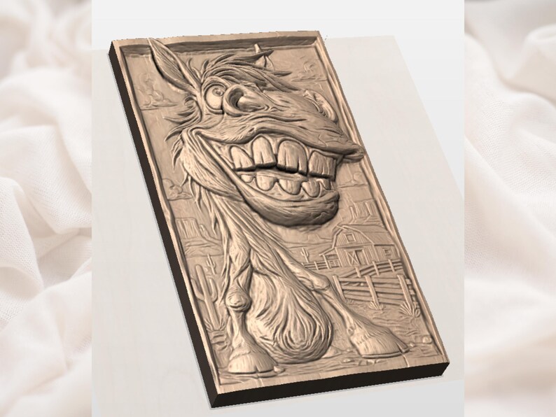 May include: A rectangular wooden relief carving of a smiling donkey's face, with exaggerated teeth and a detailed mane. The background features a barn, fence, and cactus, all in a rustic style.