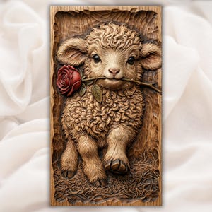 Cute Lamb with Rose Relief STL view 1