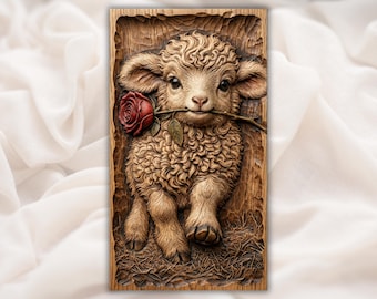 Cute Lamb with Rose Relief STL | CNC Router 3D Carving Model | Baby Sheep Valentine Wood Grain Bas Relief Panel | Farmhouse Nursery Wall Art