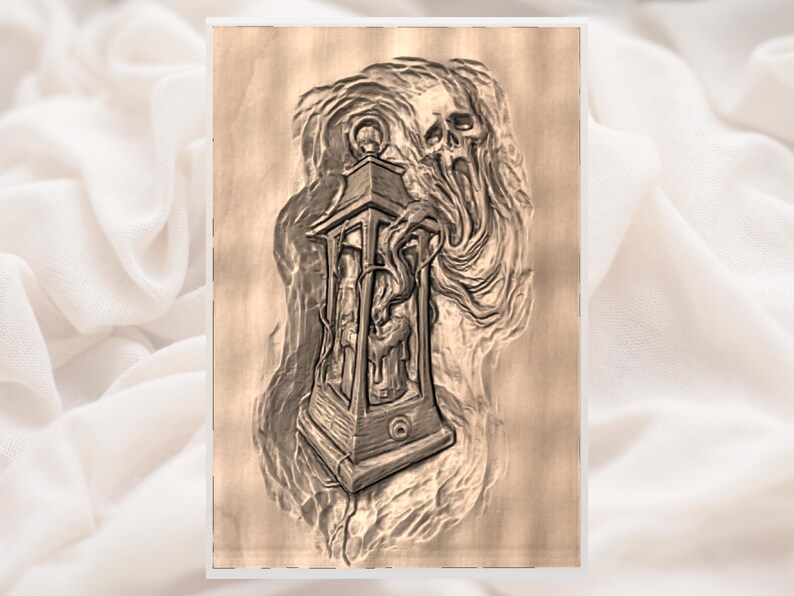 May include: A sepia-toned illustration of a gothic lantern with a lit candle inside. The lantern is surrounded by a ghostly, swirling design with a skull at the top. The artwork has a textured, sketched appearance.