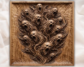Haunted Souls Tormented Spirits Wall Art CNC Relief STL | Gothic Horror Decor | Screaming Face Wood Panel | Dark Fantasy Carving Design