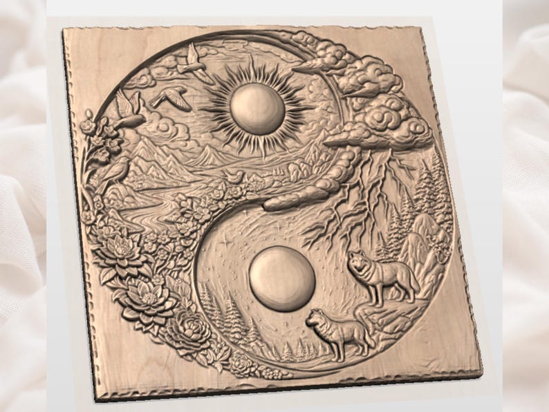 May include: A wooden Yin Yang wall art piece. The design features a sun, mountains, birds, flowers, and wolves. The artwork is carved in a relief style, with detailed textures and a natural wood tone.