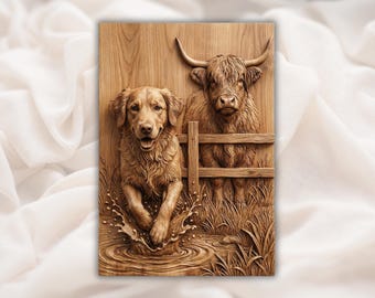 Farm Dog & Highland Cow 3D Relief STL | Cute Country Barnyard Wall Art Panel | CNC Router 3D Print Laser Engrave File