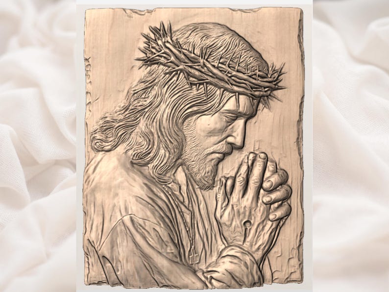 Praying Jesus Relief STL | CNC Router 3D Carving Model | Christ Prayer Crown of Thorns Wood Grain Bas Relief Panel | Christian Wall Art image 3