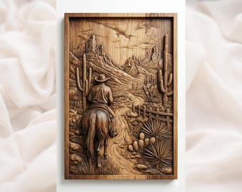 Paisaje de vaquero del desierto en relieve 3D STL / Arte de pared de cañón de cactus con jinete de caballo / Archivo de grabado láser para impresión 3D con enrutador CNC