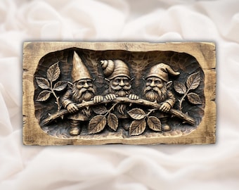 3 Gnomes 3D Relief STL | CNC Router Wood Carving File | Funny Garden Gnome Wall Panel | Laser Engraving & 3D Print Digital Download