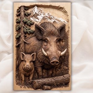 Boar Family Forest Scene STL view 1