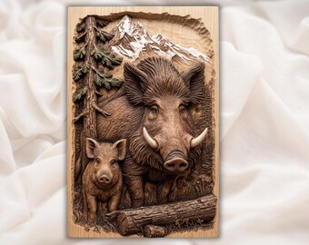 イノシシの家族と森の風景（STLファイル）｜牙のあるイノシシと子豚のレリーフ｜キャビンロッジの野生動物の壁飾り｜素朴な山の自然装飾