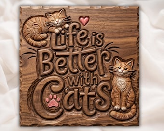 Life Is Better With Cats Sign CNC Relief STL | Feline Home Decor Panel | Rustic Pet Memorial Wall Art | Wood Carving Woodworking Model