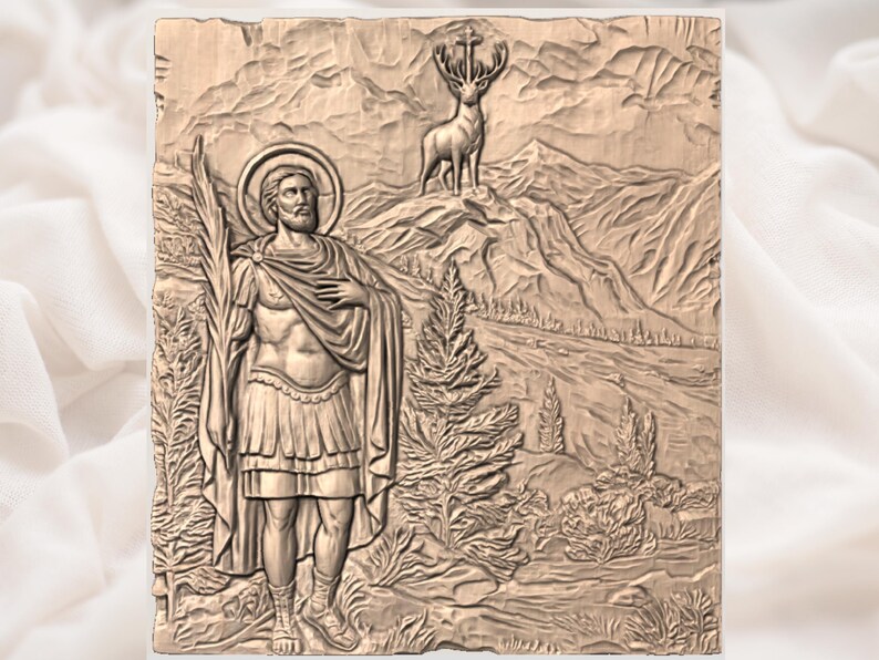 May include: A carved wooden relief showing a saint with a halo, holding a staff, and wearing classical garments. A deer with a cross on its antlers stands atop a mountain in the background. The relief is set against a mountainous landscape.