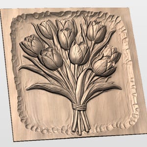 Tulip Bouquet 3D Relief STL for CNC Router | Floral Bunch Wood Carving Panel | Spring Flowers Wall Art | 3D Print image 2