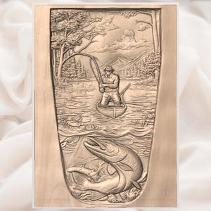 Fisherman & Giant Pike 3D Relief STL view 2