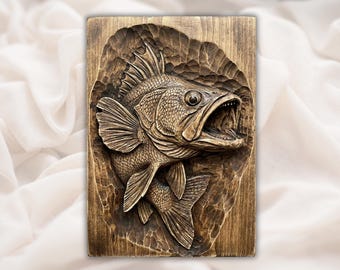 Bass Fish 3D Relief STL File | Jumping Largemouth Bass Wood Grain CNC Carving | Fishing Wall Art STL | 3D Print & Laser Engraving