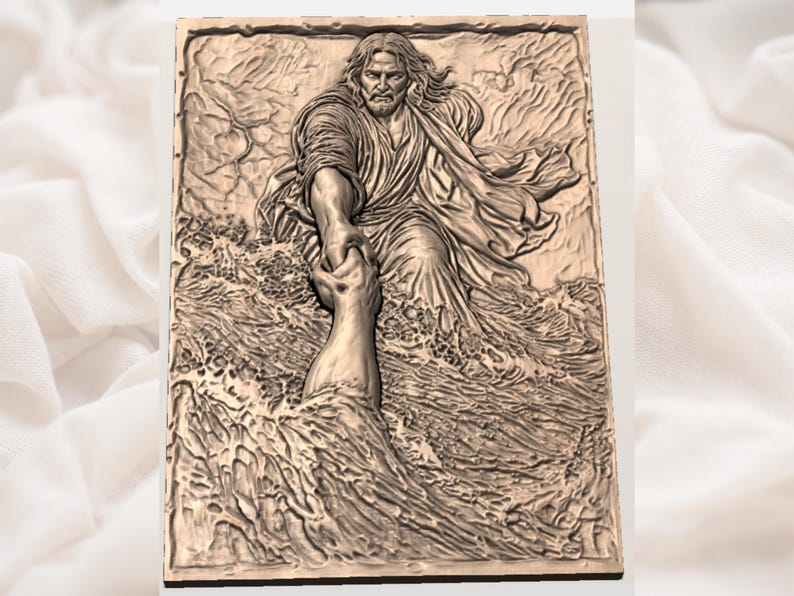 Jesús salva a Pedro (relieve 3D STL) / Escena bíblica caminando sobre el agua (panel tallado en madera con enrutador CNC) / Bajorrelieve cristiano imagen 3