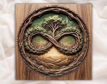 Drzewo życia w nieskończoności, 3D, relief STL do frezarki CNC | Okrągły panel z rzeźbionym drewnem | Duchowa sztuka ścienna | Okrągłe drzewo życia w nieskończoności, STL