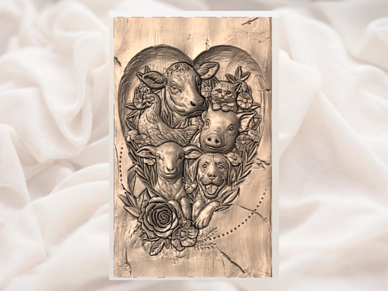 May include: A rectangular relief sculpture featuring a heart-shaped design with a cow, cat, pig, chicken, lamb, and dog. The animals are surrounded by floral elements, all in a neutral, earthy tone.