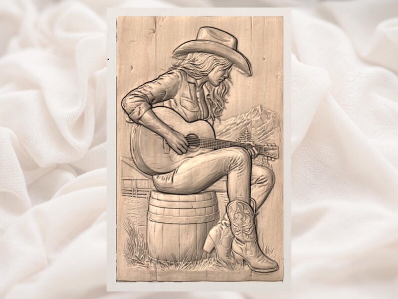 May include: A wood carving depicts a person in a cowboy hat playing a guitar while seated on a barrel. The carving is in shades of brown and beige, with details of the person's clothing, boots, and the surrounding landscape.