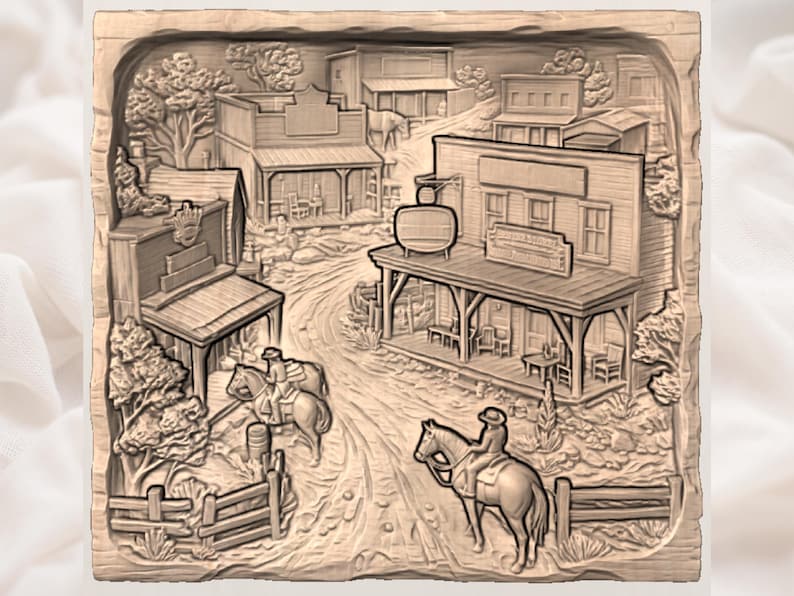 May include: A detailed, carved wooden relief depicting a Western town scene. The artwork features buildings, a winding road, trees, and figures on horseback. The relief is in shades of brown and beige, showcasing a rustic aesthetic.