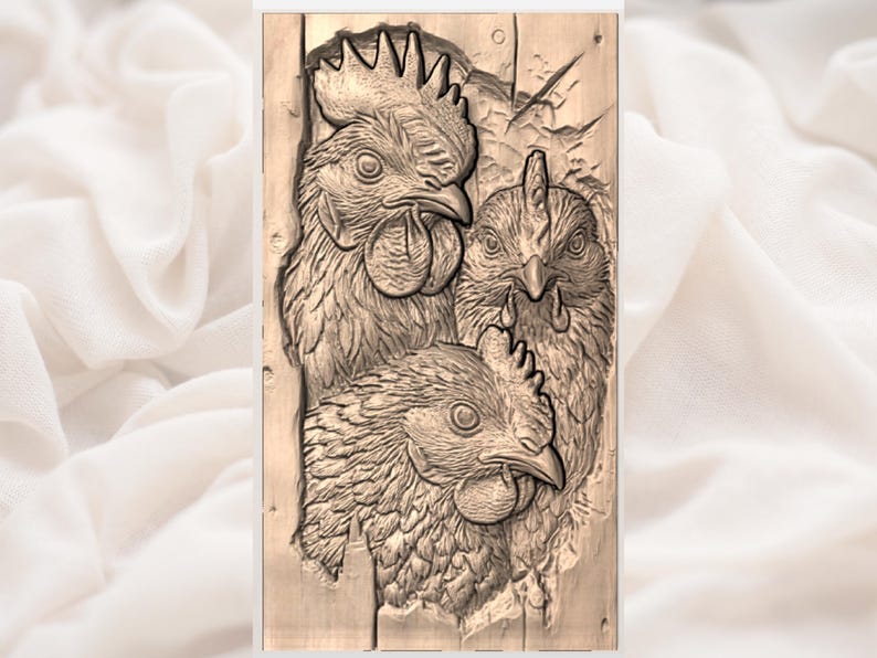 May include: A detailed wood carving depicts three chickens. The central chicken has a large comb, while the other two have smaller combs. The carving is in shades of brown and tan, with visible wood grain. The artwork is a rustic, country-themed piece.