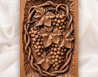 Grapes and Vine Cluster CNC Relief STL | Mediterranean Vineyard Wall Art | Wine Cellar Decorative Wood Panel