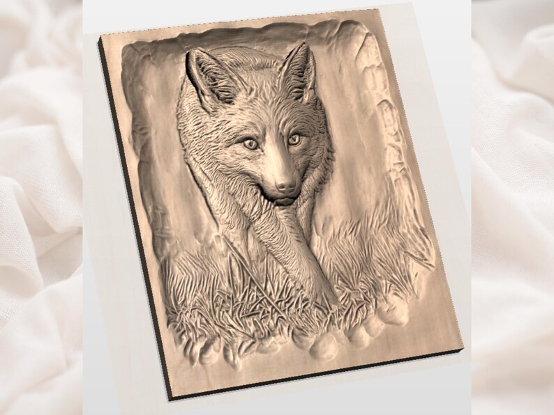 May include: A detailed relief carving of a fox in a natural setting. The artwork features the fox's head and upper body, with detailed fur and eyes. The fox is surrounded by carved grass and foliage, all in a warm, natural wood tone.