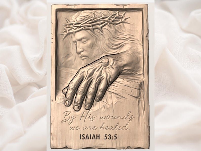 May include: A rectangular, sepia-toned relief carving depicting a figure wearing a crown of thorns, with a hand reaching out. The text "By His wounds we are healed. Isaiah 53:5" is inscribed below the hand.