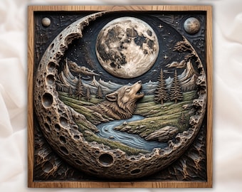 Escultura em Rio Wolf Mountain | Cena Circular da Lua e do Lobo | Painel de Arte de Parede Lunar Wilderness com Design para Router CNC