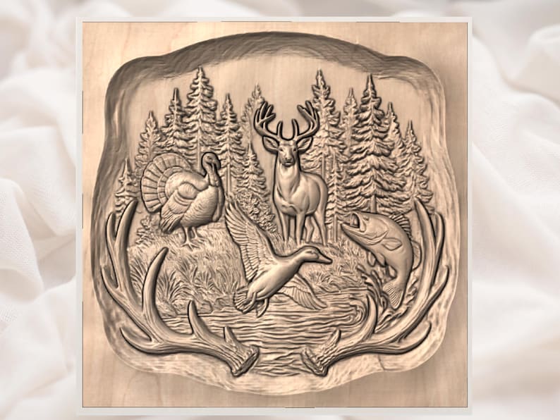 May include: A wooden relief carving depicting wildlife. The artwork features a deer, turkey, duck, and fish, set against a backdrop of pine trees and water. Antlers frame the bottom of the scene, creating a rustic, nature-themed design.