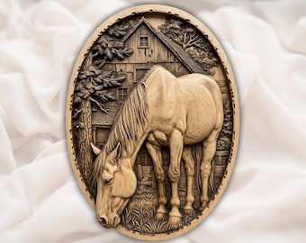 Horse Barn 3D Relief STL | Equestrian CNC Router Wood Carving File | Farm Horse Bas-Relief Wall Art | 3D Print STL Digital | Home Decor