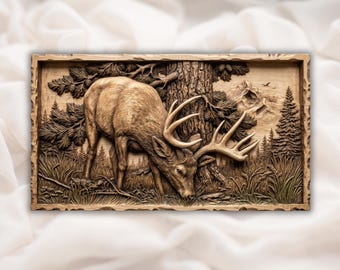 角のある鹿の森の風景（STLファイル）｜雄鹿の野生動物レリーフプラーク｜素朴な狩猟小屋の壁パネル｜山岳地帯の森の木製装飾