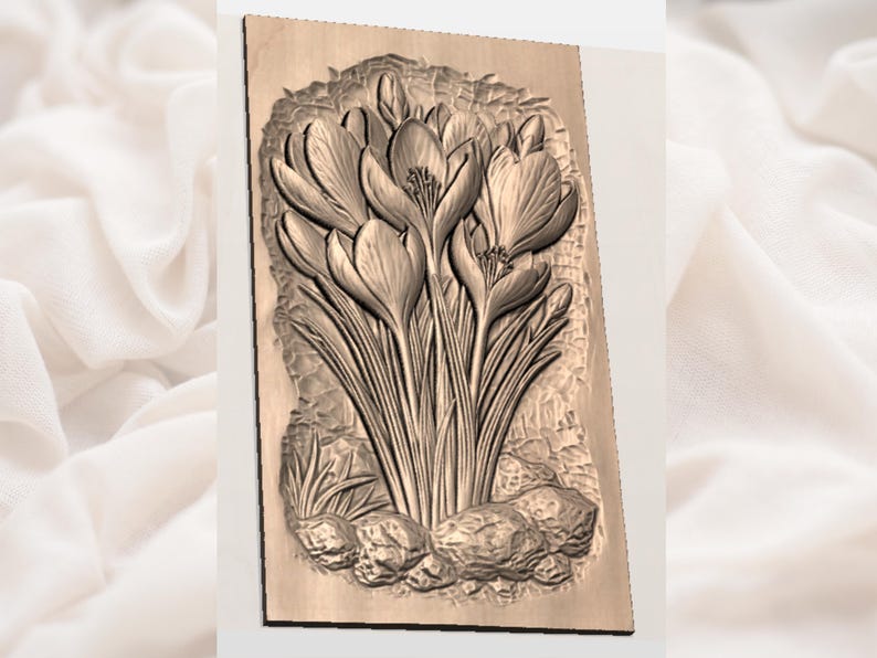 Krokusblommor 3D-relief STL | Blommig CNC-fräs träsniderifil | Vårblommande basrelief väggkonst bild 2