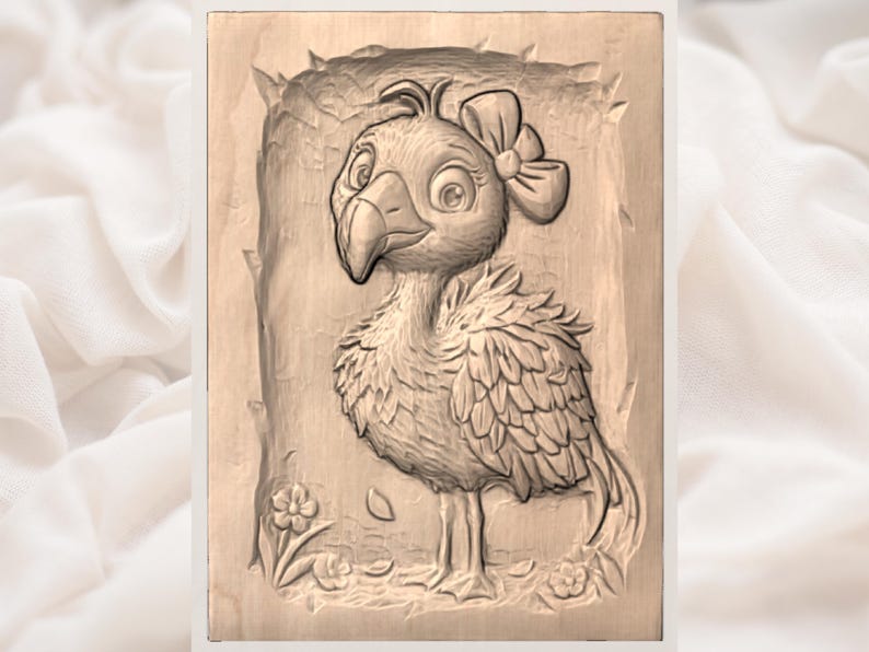 May include: A wooden carving of a cartoon bird with a bow on its head. The bird has detailed feathers and is standing on a bed of flowers. The carving is set against a light background.