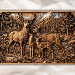 May include: A wooden relief carving of a deer family in a forest setting. The artwork features a large buck with impressive antlers, two does, and two fawns. The background depicts a mountain range and a flowing stream, all within a rectangular frame.