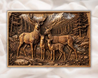Deer Family 3D Relief STL | Wildlife CNC Router Wood Carving File | Stag Doe Fawn Bas-Relief Wall Art| Rustic Humor Wall Art