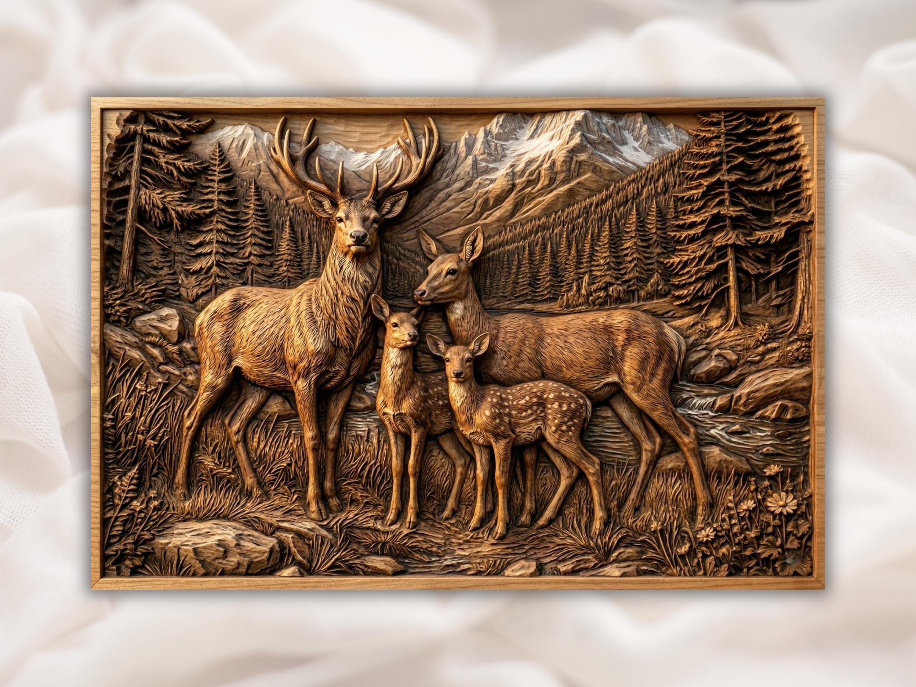 Deer Family 3D Relief STL | Wildlife CNC Router Wood Carving File ...