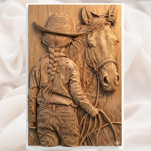 Cowgirl & Horse 3D Relief STL view 1