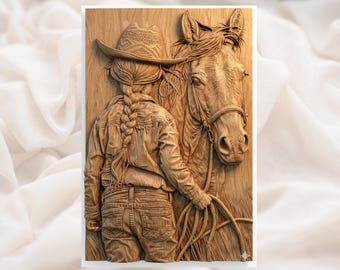 Cowgirl & Horse 3D Relief STL | Western Ranch Wall Art Panel | CNC Router 3D Print Laser Engrave File