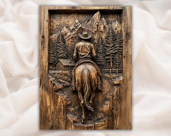Western Horse Rider 3D STL File | Cowboy Ranch CNC Relief | Mountain Cabin Forest Scene Wood Carving Style Panel | Rustic Lodge Wall Decor