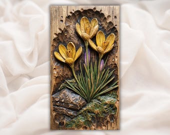 Gele krokusbloemen 3D-reliëf STL voor CNC-router | Houtsnijwerk paneel lentebloemen | Botanische muurkunst | 3D-afdrukken