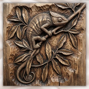 May include: A detailed wooden carving of a chameleon perched on a branch with leaves. The chameleon is tan and brown, with a textured skin. The leaves and branch are also carved from wood, creating a three-dimensional effect.