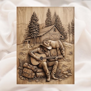 Cowboy Guitar Cabin 3D Relief STL view 1