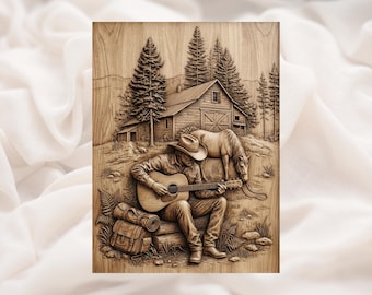 Cowboygitarrstuga 3D-relief STL | Westernmusikscen med häst- och ladugårdspanel | CNC-ruttersnideri, 3D-utskrift, lasergravyr | Digitalt