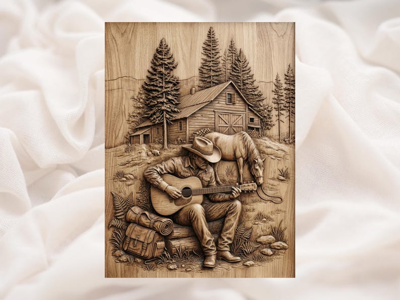 Cowboy Guitar Cabin 3D Relief STL