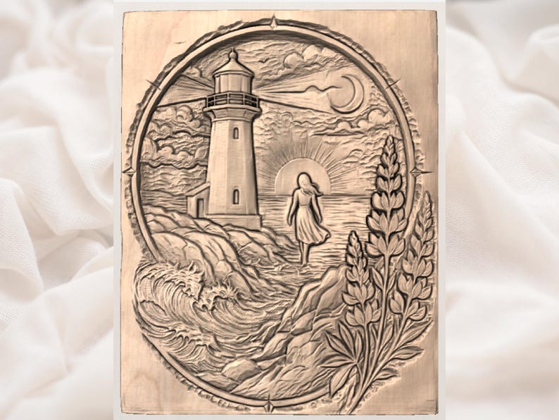 May include: A wooden carving depicting a lighthouse scene. The artwork features a lighthouse, a woman, the sun, and waves. The lighthouse is in the center, with a woman standing in the water. The carving is framed by a compass rose and floral elements.